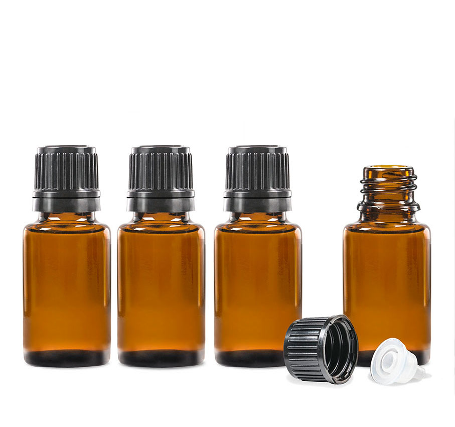 15 ml Botella para Aceite Esencial Paquete de 4 piezas Vidrio color ámbar  con inserto gotero y tapa - Florium Aromatherapy